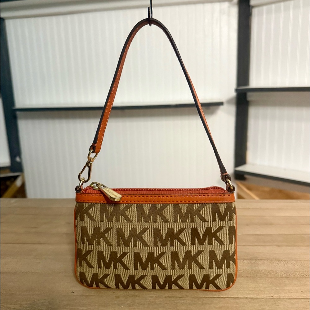 Michael Kors Tan & Orange Monogram Canvas & Leather Wristlet Wallet